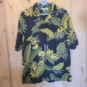 Tommy Bahama Men's L Silk Hawaiian Shirt, Black Yellow Print, Casual Shirt